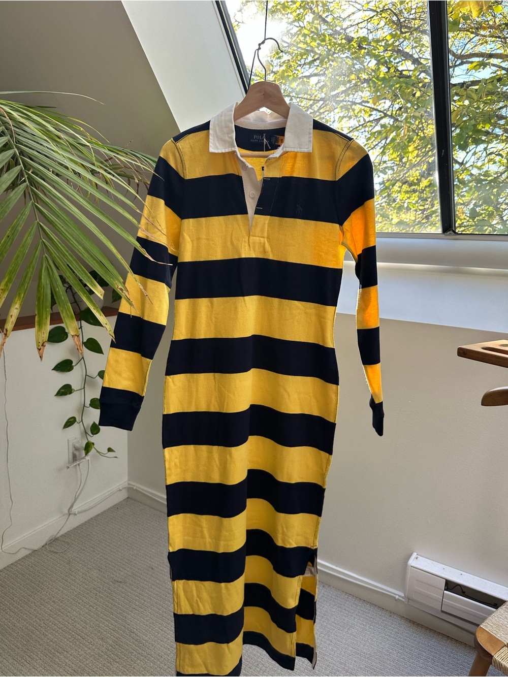 Ralph Lauren Yellow and Black Striped Long-Sleeve Maxi Rugby Dress